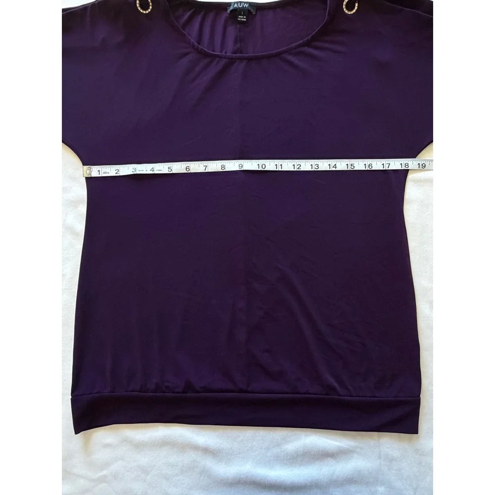 AUW Women Purple Cold Shoulder Blouse Rhinestone Grommet Short Sleeve Top‎ L